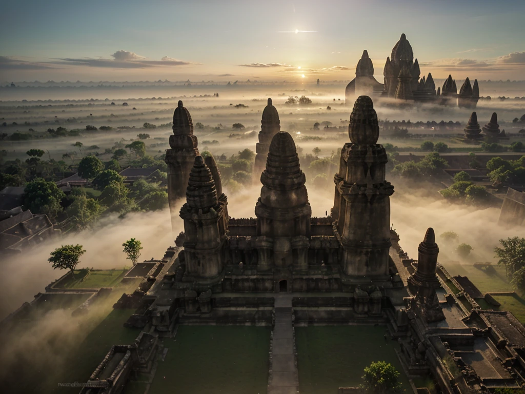 a picture of "unfinished temple in the morning at sunrise (prambanan)", good lighting, good quality, good texture, mist, myth vibe, 4k, realistic, low angle,