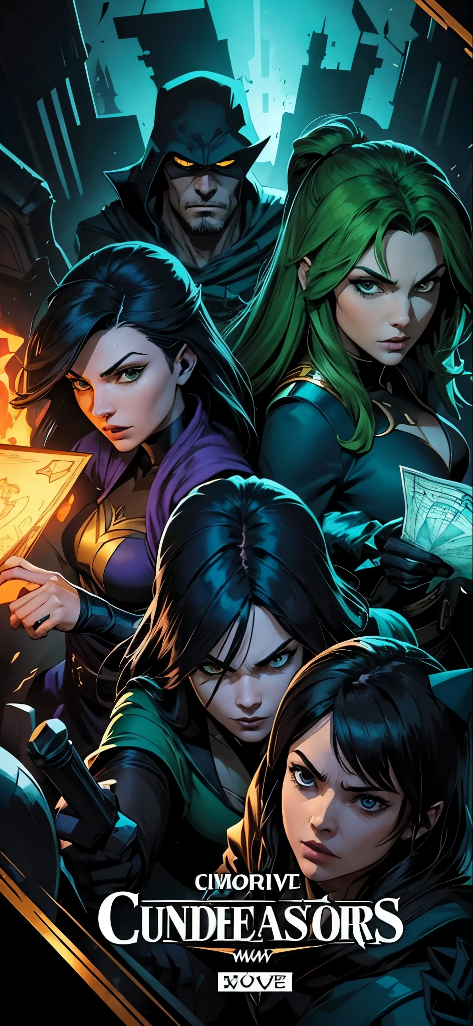 Create a comic book-style image of a group of cunning individuals. They should have confident, sly expressions and be in a dramatic, shadowy setting. Use bold colors like deep blues, dark greens, and golds. Incorporate elements like chess pieces and maps to highlight their strategic nature. Make the image dynamic and eye-catching, suitable for a striking thumbnail.