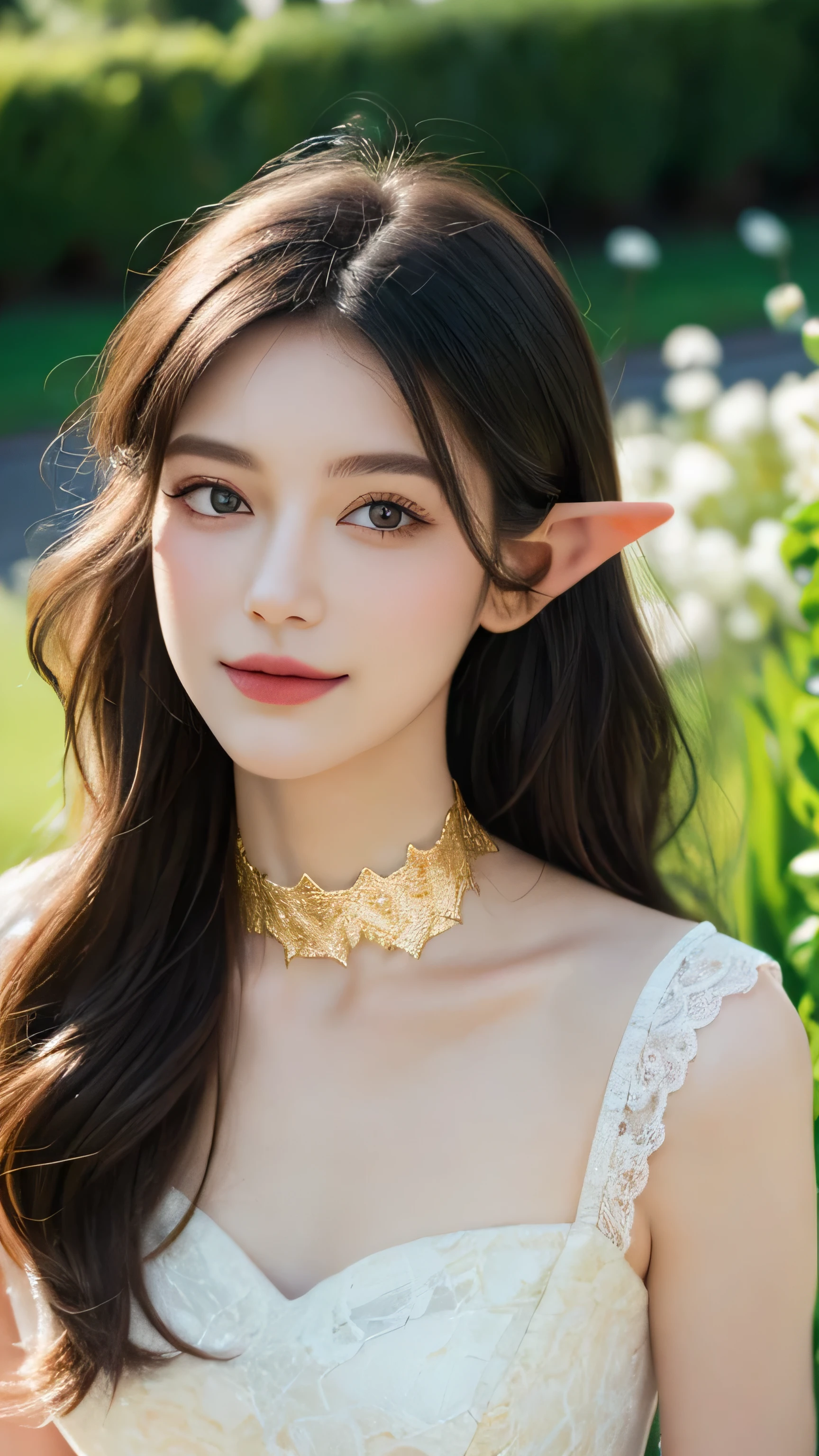 ((best quality)), ((masterpiece)), (detailed), perfect face, elf, black hair, long hair, gold eyes, dress, garden, happy, sunny, white grass, lawn, lace choker, romantic, soft smile, looking at viewer, portrait, ribbons