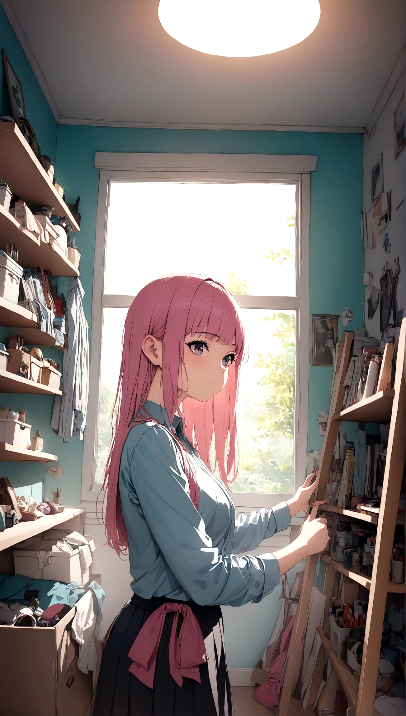 8K portrait of a beautiful young woman in a J-POP style, searching for something in her home and ending up organizing and tidying up, extremely detailed, high quality, ultra-high resolution, photorealistic, masterpiece, cinematic composition, trending on ArtStation