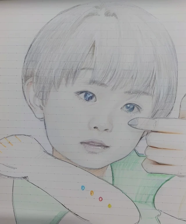 A boy holding a spoon and fork, a Colored pencil sketch, Colored pencil sketch, By Yuki Ogura, Cute realistic portrait, Colored pencil sketch, Written by Nobuzada Yanagawa, By Oka Yasutomo, Color painting, Colored pencil sketch, By Yasutomo Oka, by Ayako Rokkaku, Colored picture, by Rei Kamoi