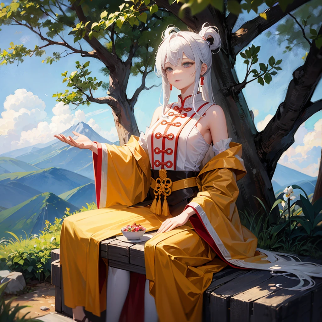 Image of a Chinese พระภิกษุ sitting under the tree man with a white beard, พระภิกษุ meditation, การทำสมาธิแบบเซน, นักพรตเต๋า master, Chinese พระภิกษุ, เต๋า, นักพรตเต๋า, ลัทธิเต๋า, ลอยอยู่ในสภาวะเซนอันทรงพลัง, 2 1 st century พระภิกษุ, ความงามแบบเซน, พระภิกษุ, Chinese พระภิกษุ, concept art of a พระภิกษุ,หันหน้าเข้าหากล้องอย่างตรงไปตรงมา,ดวงตาที่ชาญฉลาด, meditating under a tree on a high mountain, mountains big and small in the background as far as the eye can see, calm atmosphere, healing the mind.