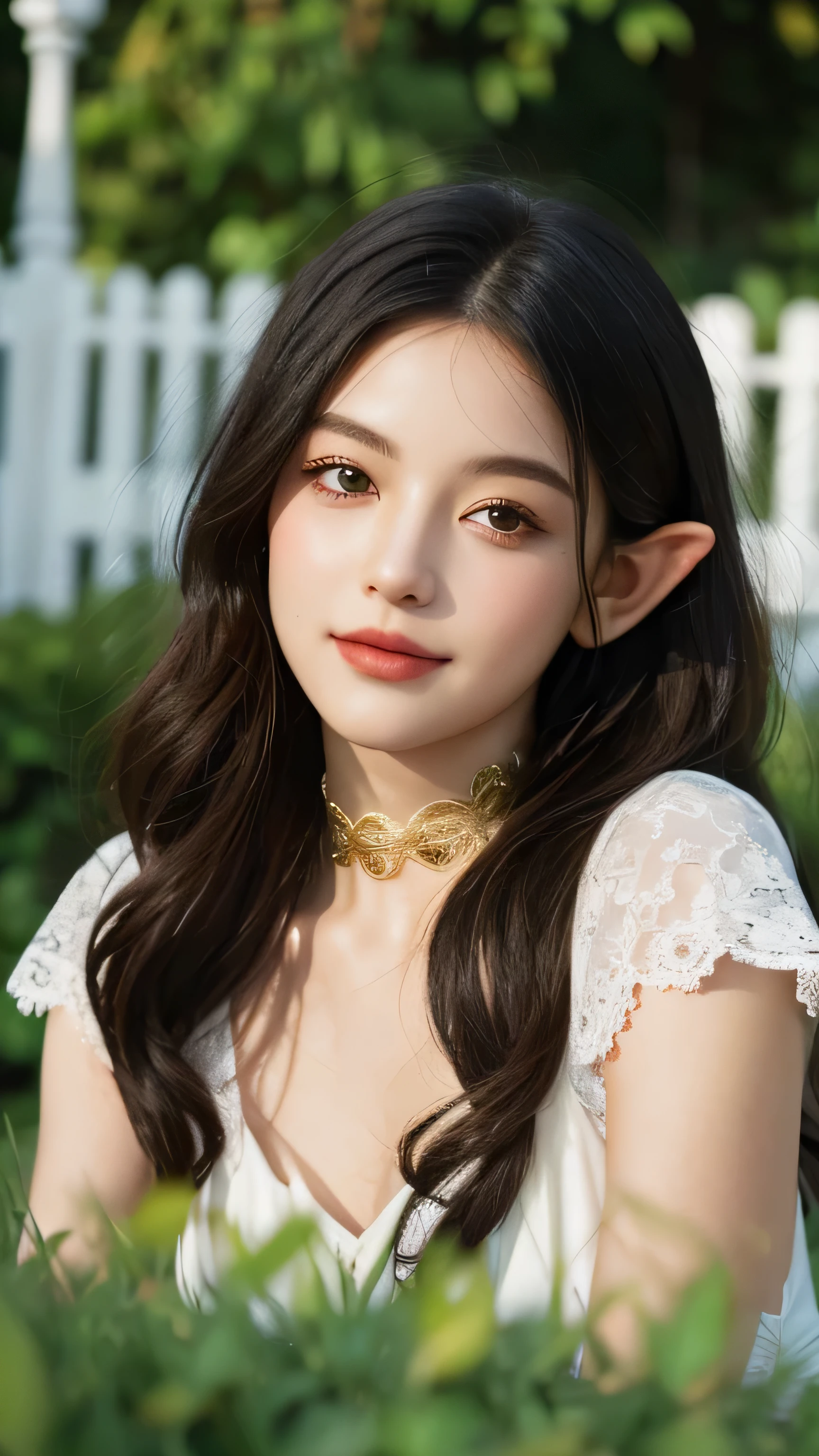 ((best quality)), ((masterpiece)), (detailed), perfect face, elf, black hair, long hair, gold eyes, dress, garden, happy, sunny, white grass, lawn, lace choker, romantic, soft smile, looking at viewer, portrait, ribbons