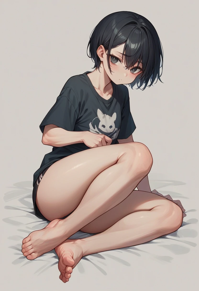 of a black girl without underwear or anything, with short black hair and a full body down to her feet, a , a mini
