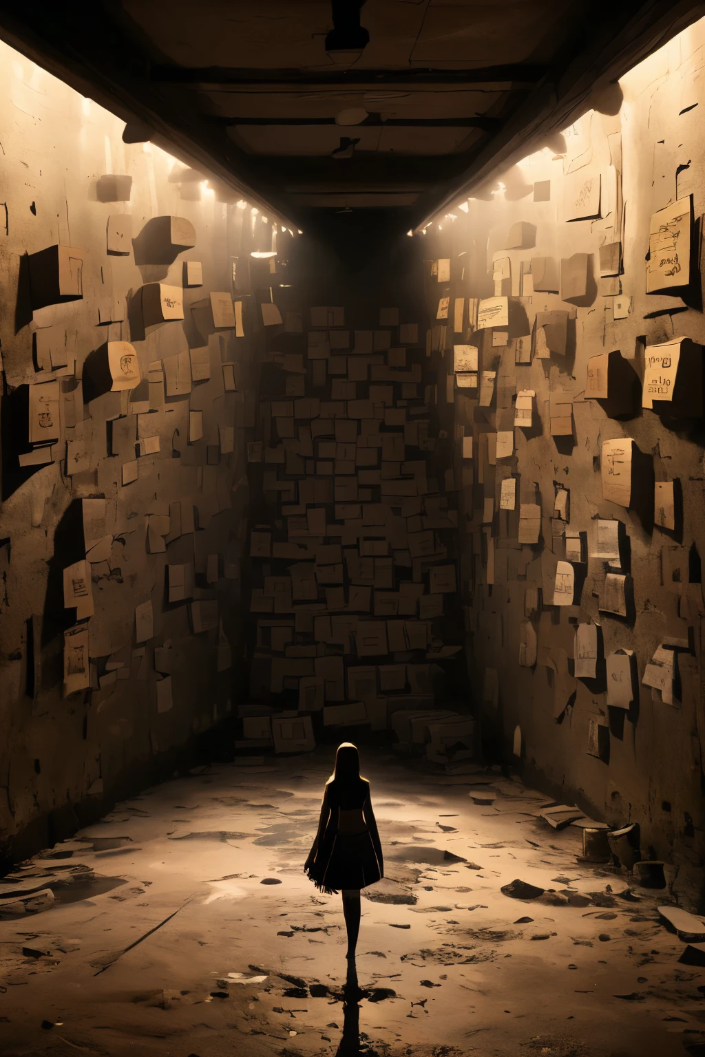 (best quality, masterpiece, 1girl, dark fantasy world, black wall, stacking small white boxes, focused, highly detailed, dramatic lighting), ((Pitch black space, Pitch black walls))