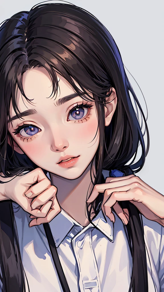 Create portrait-like, highly realistic imageasterpiece。The most beautiful woman in the world。Japanese high school girls。Wearing a uniform。Her eyes are large and clear, and her nose is high and neat.、Thin lips、It's a very beautiful face。Hairstyle: Ponytail。She is studying mathematics at her desk.。The time is 5 o'clock in the evening.。The setting sun shines through the window
