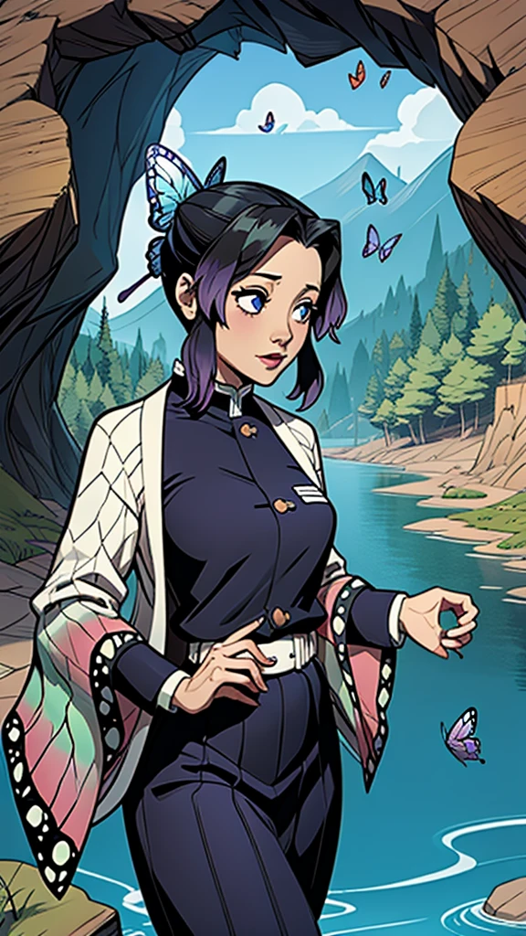 cute、Mini character、Mysterious lake and cave、Butterflies are fluttering、A school uniform with a butterfly-like haori、Poisonous、comics