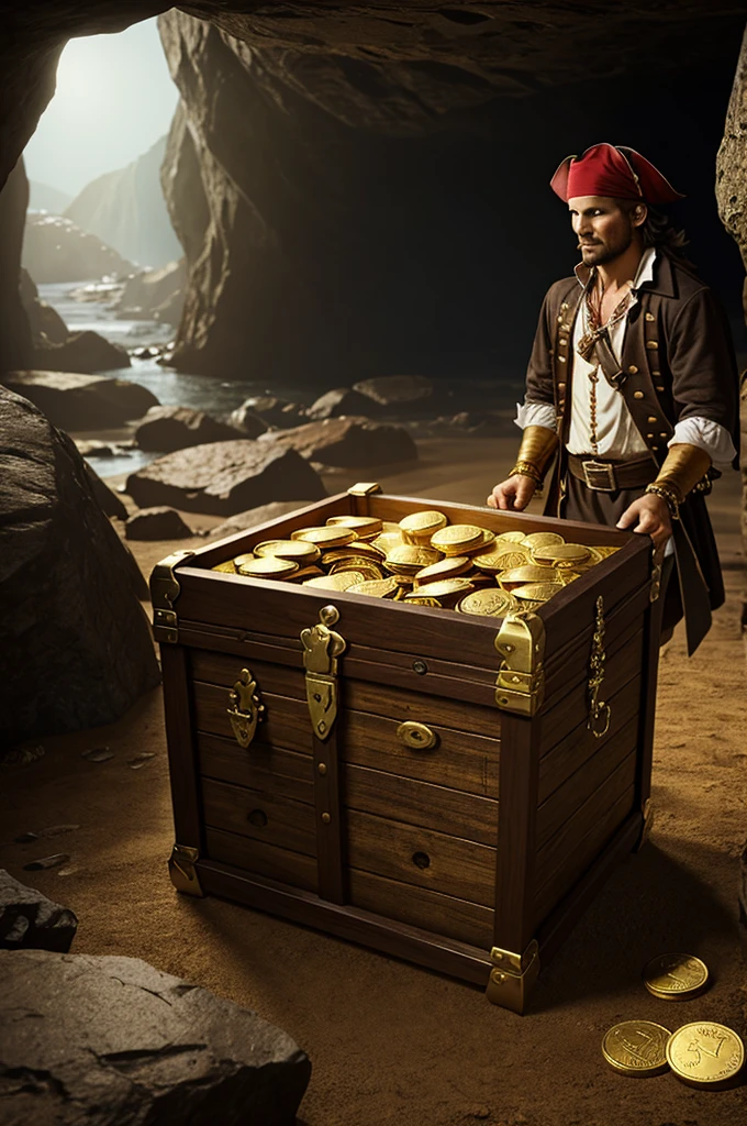 The pirate found a treasure chest full of gold in the cave
