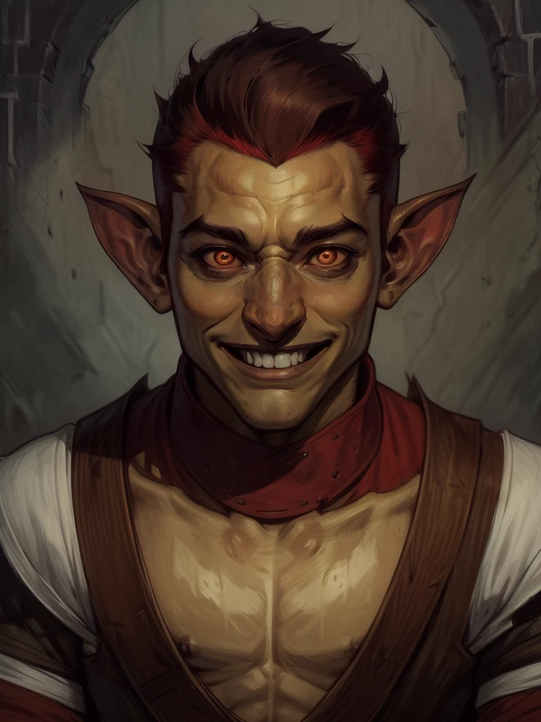 male goblin, goblin, ((g0blin)), DnD Clerics's, wearing a lined tunic, medallion, holy symbol, (((red eyes))), (proud:1.4), (confident:1.2), ((smile, tusks)), (short white hair, spiked hair), | (8k, RAW photo, best quality, masterpiece:1.2), ultra-detailed, (high detailed skin:1.2), 8k uhd, dslr, soft lighting, high quality, ((upper body:1)), (centered:1.2), ((LOOKING at the VIEWER)), asura, film grain, highly detailed shading, ((perfect_hands):1), Goodhands-beta2, Detailed eyes, perfect face, perfect eyes, Detailed face, ((a manga drawing by Kentaro Miura)),