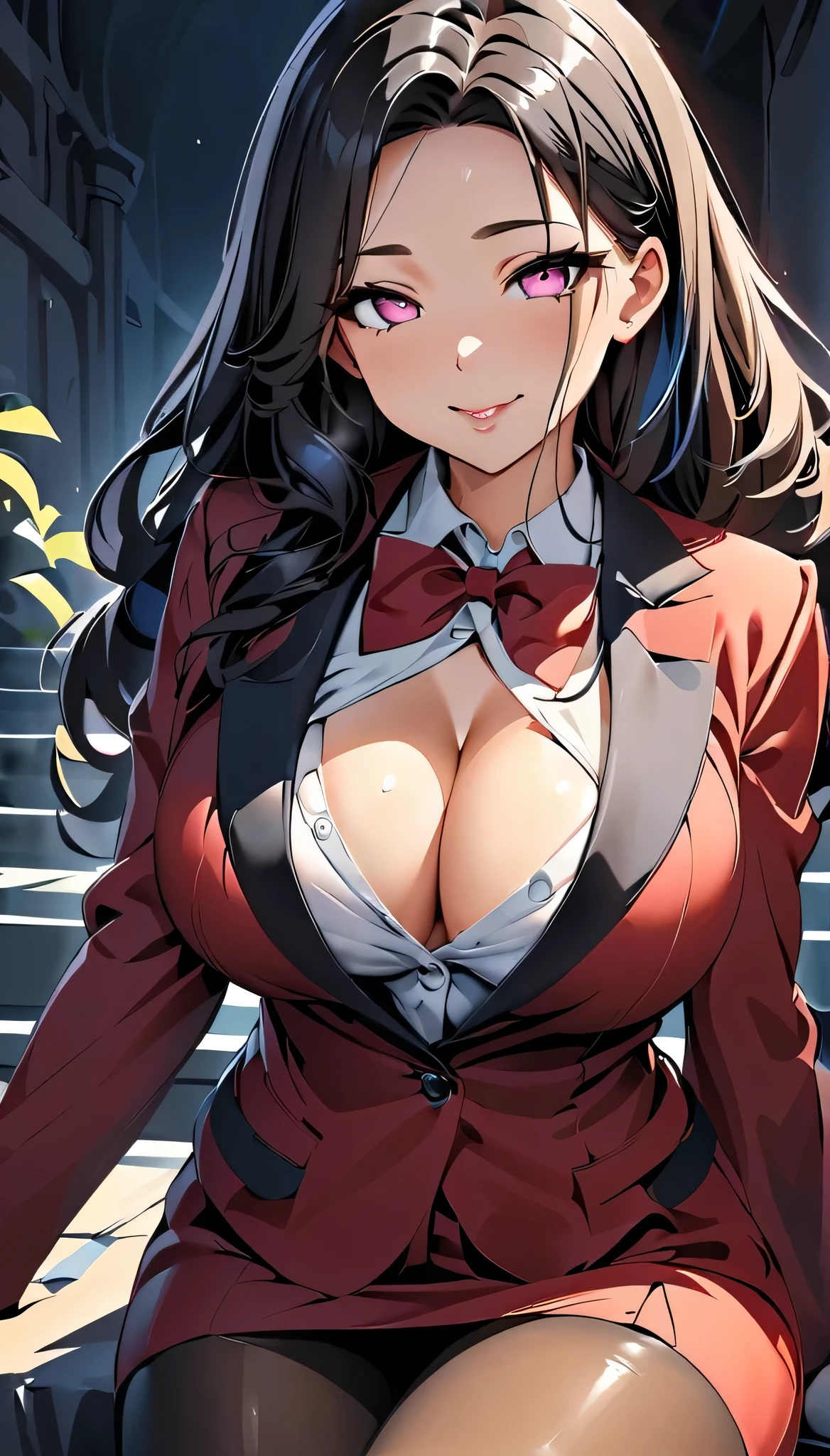 (highest quality:1.2,evil lady,cg, Very detailed, High Detail, digital coloring, High Contrast, masterpiece:1.2,suits, highest quality, Best aesthetics), 8k,masterpiece, cute,tall,beautiful,best quality, 1lady,black hair,long hair,empty eyes, (finely detailed glowing eyes and detailed face),,,,extremely detailed cg unity 8k wallpaper,solo,(latex military costume:0.9),large breasts,seductive smile,,latex thighhigh,large breasts,black hair,pink eyes,formal shirts,pantyhose,,enamel suits,grossy lips,sitting,tight skirt,sadistic smile,,heel,shiny skin,tight skirt,detailed face,beautiful body,,adult,,show me breasts,sadistic,seductive smile,business suits,latex,no tie,bust shot