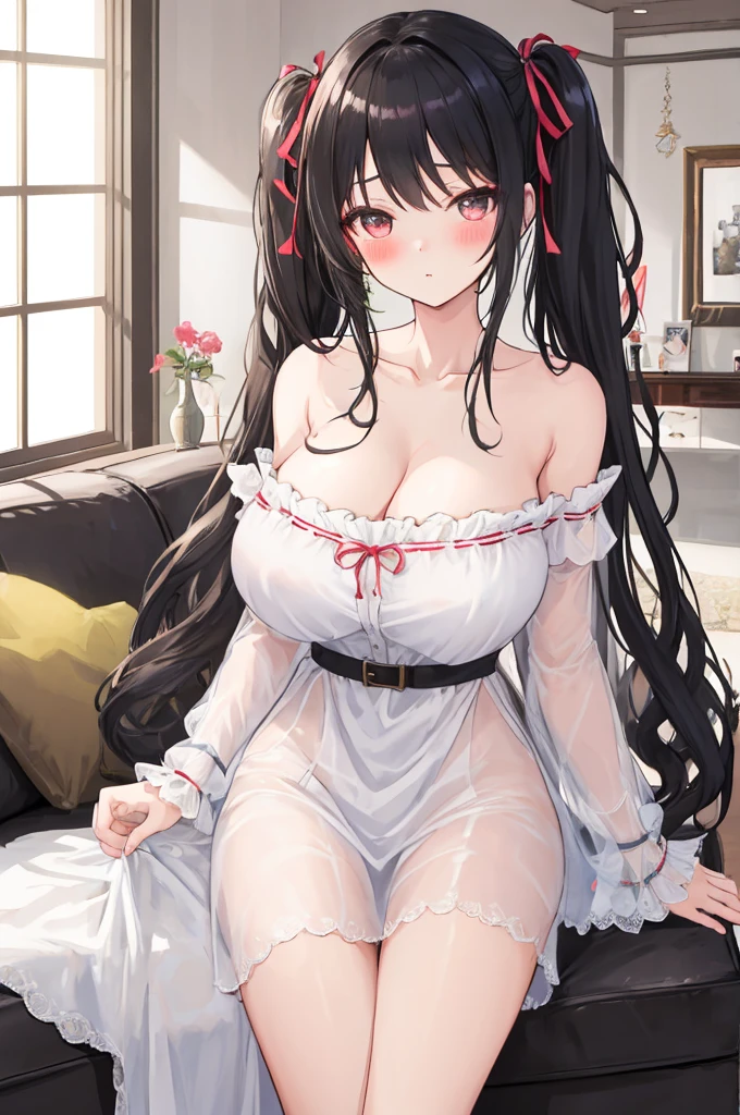 A woman with big ,Black long hair,twintails,Exquisite,Ribbon,White nightdress,Slim waist,hip bone,blush,A cute daughter,living room,
