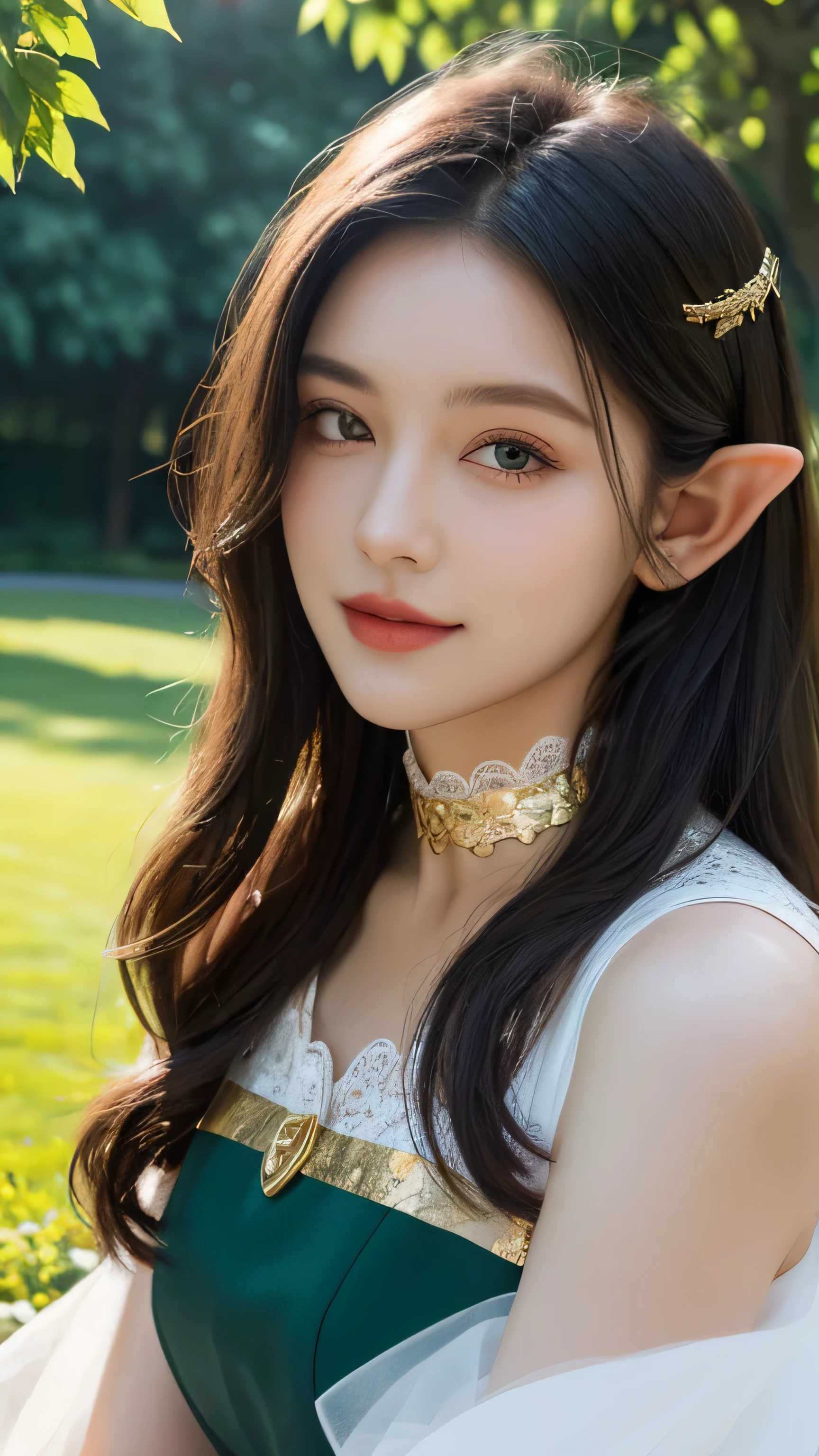 ((best quality)), ((masterpiece)), (detailed), perfect face, elf, black hair, long hair, gold eyes, dress, garden, happy, sunny, white grass, lawn, lace choker, romantic, soft smile, looking at viewer, portrait, ribbons
