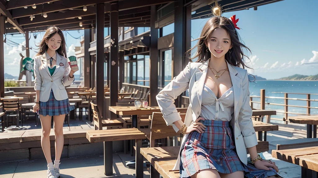 8K、RAW Photos、Highest quality、Super detailed、Super Resolution、Ultra HD、8K壁紙、Amazing details blazer uniform girl ((White blouse with formal collar, Blue Blazer,
Red Check Skirt, Red checkered ribbon on blouse)), Complete limbs, Full Finger,
(((((Starbucks)))))、((((Cafe bench with sea view))))((16 year old female student))、(((((Eat cake、Drink coffee、smile)))))、(((Heart Necklace、Gold bracelet)))
(((Emphasize cleavage)))
((((Full body photo、The whole body is visible、Full body portrait))))