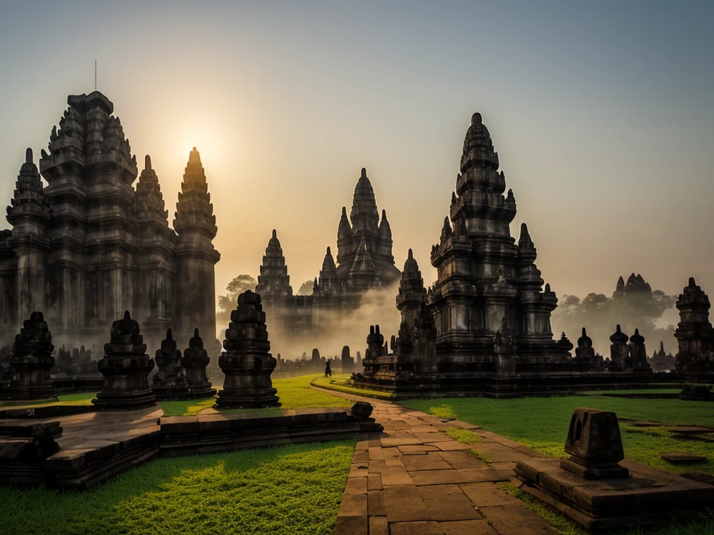 a picture of "unfinished temple in the morning at sunrise (prambanan)", good lighting, good quality, good texture, mist, myth vibe, 4k, realistic, low angle,