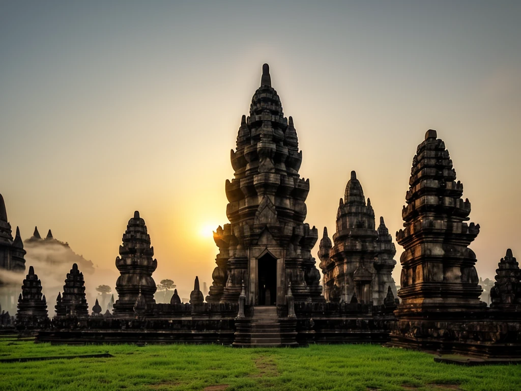 a picture of "unfinished temple in the morning at sunrise (prambanan)", good lighting, good quality, good texture, mist, myth vibe, 4k, realistic, low angle,