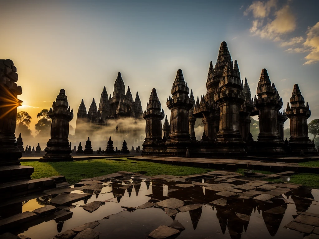 a picture of "unfinished temple in the morning at sunrise (prambanan)", good lighting, good quality, good texture, mist, myth vibe, 4k, realistic, low angle,