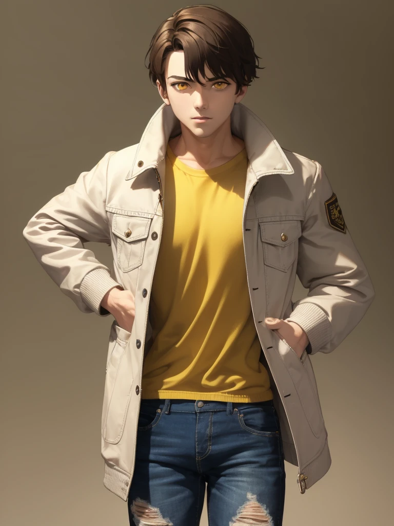 1boy, wolfcut brown hair, yellow eyes, wearing plain white t-shirt, cream bomber jacket, denim shorts, photo studio, absurdres, highres, ultrasharp, 8k, masterpiece, looking front at camera, formal pose, green background