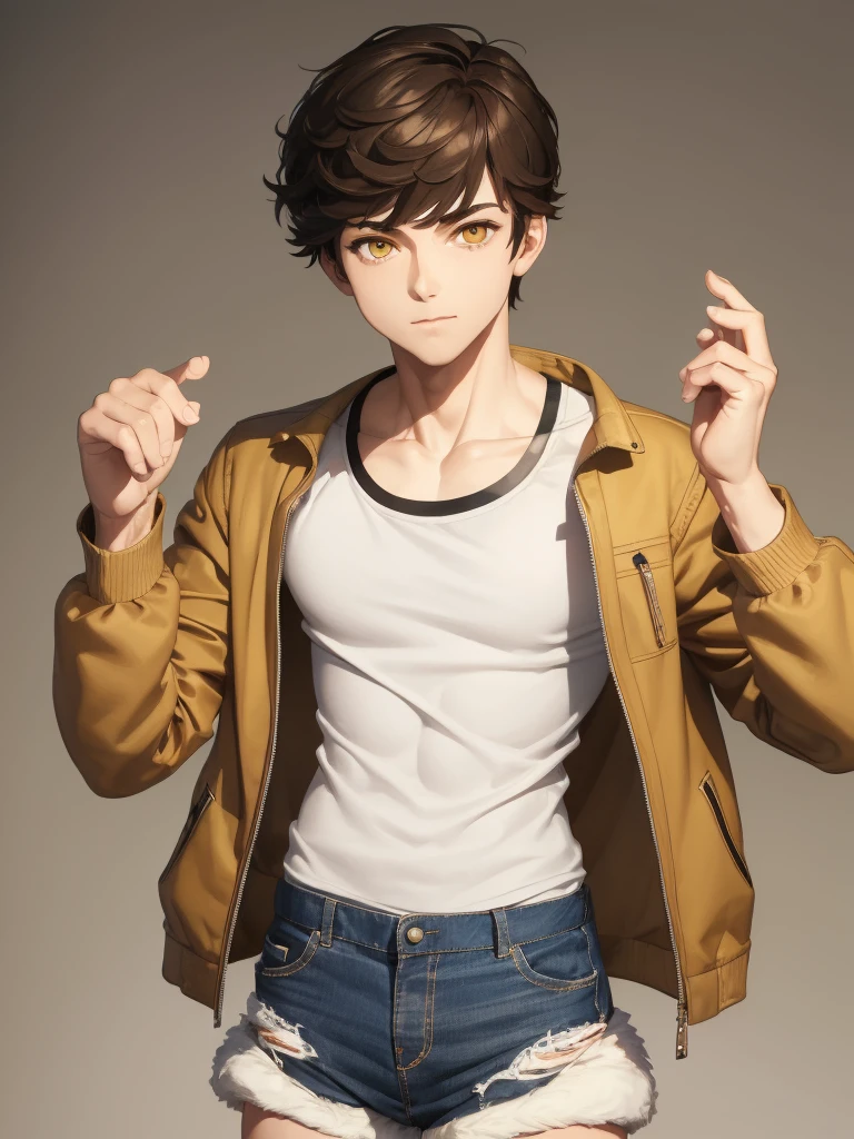 1boy, wolfcut brown hair, yellow eyes, wearing plain white t-shirt, cream bomber jacket, denim shorts, photo studio, absurdres, highres, ultrasharp, 8k, masterpiece, looking front at camera, formal pose, anime style, idcard pose, half body