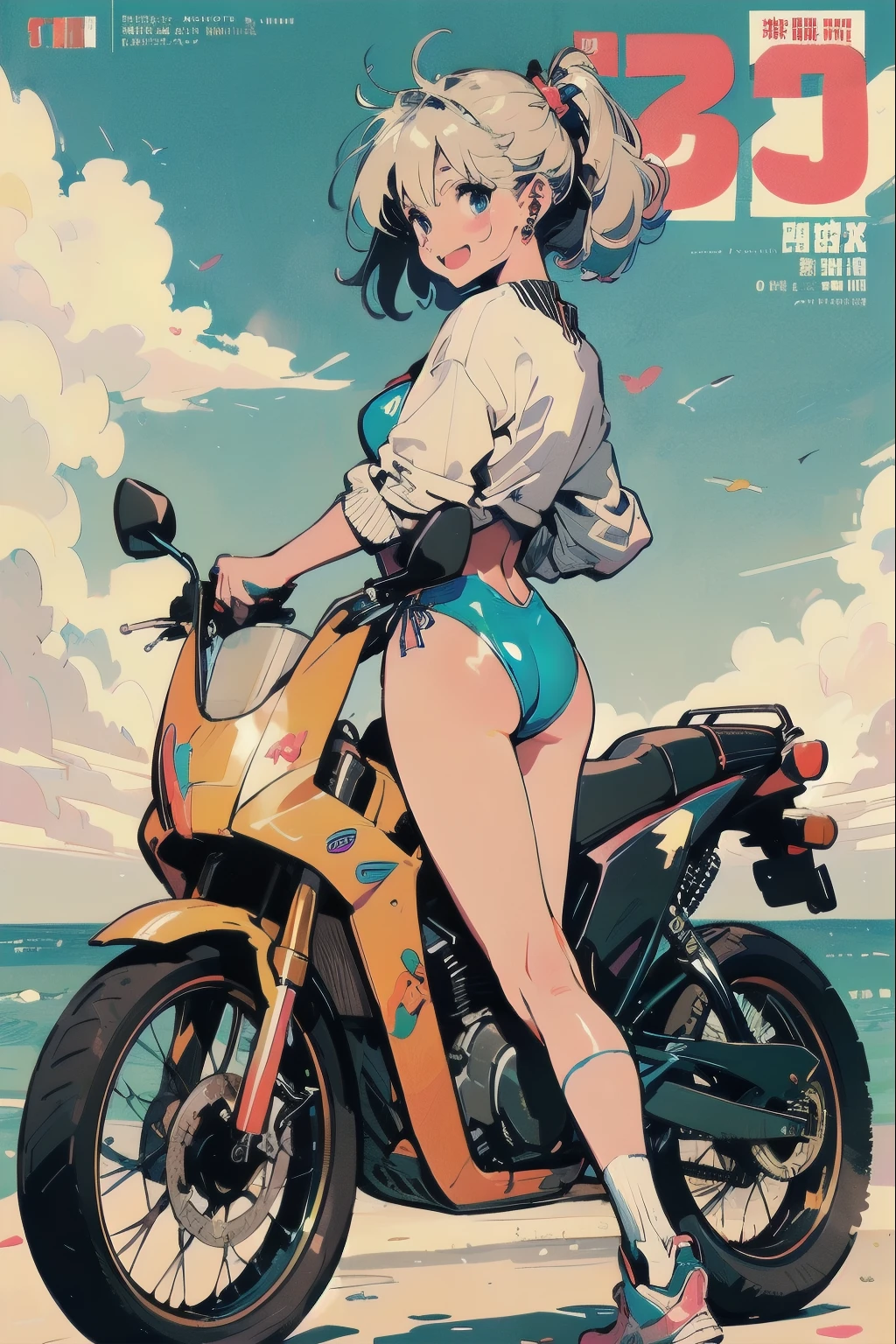 Beautiful Girls in Anime ,clean small surfaces, (magazine cover:1), ((From the back:1.3))、((Riding on motorcycle)), (Lots of stickers:1.5), 1 cute girl, highest quality、ウルトラ - High resolution、High resolution、Detailed CG、8k unit wallpaper、17 years old、fine and beautiful eyes, long hair、(((Different types of colorful super shiny latex swimsuits)))、(((After sunburn)))、VTuber Full Body Model、(shiny body,:1.5)、((Mr.々street fashion、Oversized sweatshirt、socks、tech sneakers))、Breast augmentation、blush, smile、(Upper body)、sky and clouds