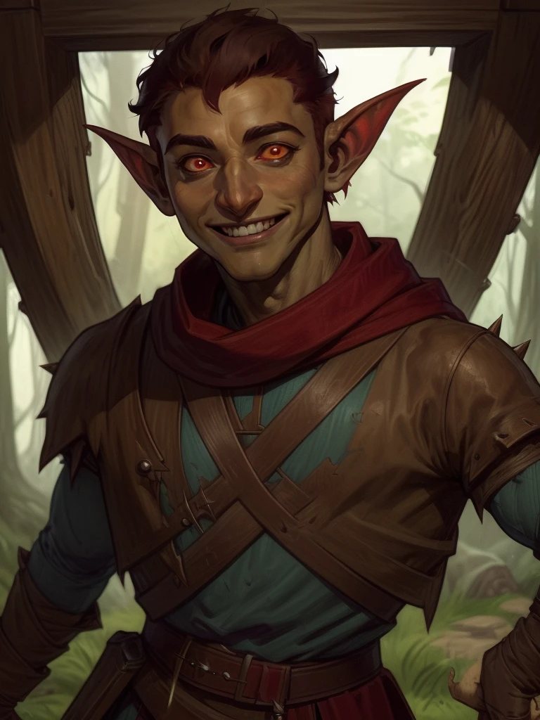 male goblin, goblin, ((g0blin)), DnD Clerics's, wearing a lined tunic, brown fur lined leather clothing, belt, gloves, rugged, scarf, medallion, holy symbol, (((red eyes))), (very proud:1.4), (confident:1.2), ((smile, tusks)), (short white hair, spiked hair), in the forest, | (8k, RAW photo, best quality, masterpiece:1.2), ultra-detailed, (high detailed skin:1.2), 8k uhd, dslr, soft lighting, high quality, ((upper body:1)), (centered:1.2), ((LOOKING at the VIEWER)), asura, film grain, highly detailed shading, ((perfect_hands):1), Goodhands-beta2, Detailed eyes, perfect face, perfect eyes, Detailed face, ((a manga drawing by Kentaro Miura)),