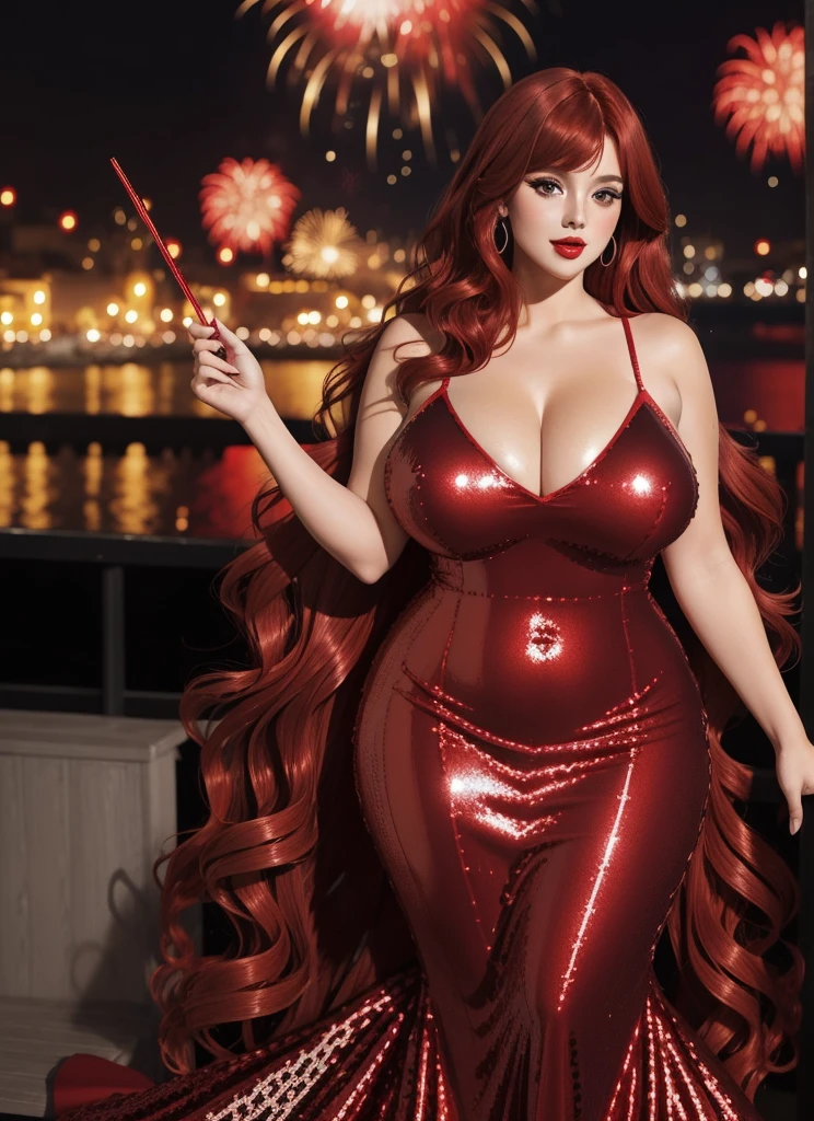 Jessica Rabbit, 27 years old, full body view Beautiful woman (((long wavy auburn hair, two side up with bangs))) defined body, voluptuous, sexy, cherry red lipstick, arms by her sides, hands free, mouth slightly open, standing facing camera ((( sparkling sequined spaghetti strap red dress ))), on a patio surrounded by fireworks exploding in the sky in the background, night (huge_breasts:1.2) (curvy:1.1)