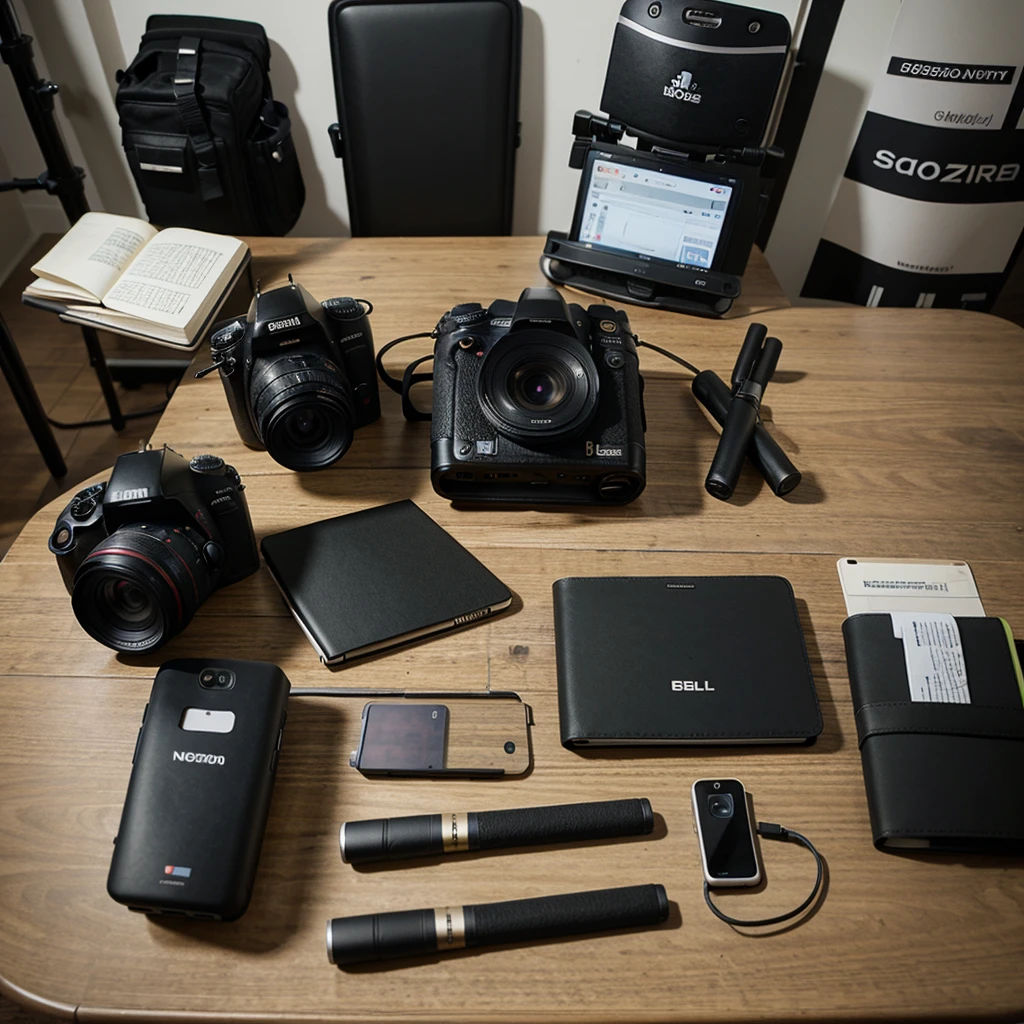 Professional cameras, notebooks and recorder, cell phones on journalists' editorial desk