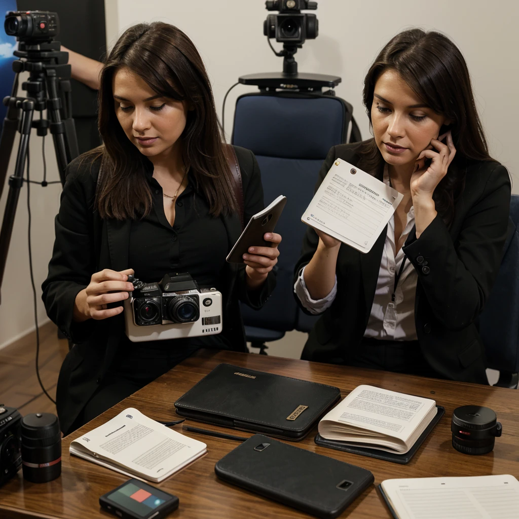 Professional cameras, notebooks and recorder, cell phones on journalists' editorial desk