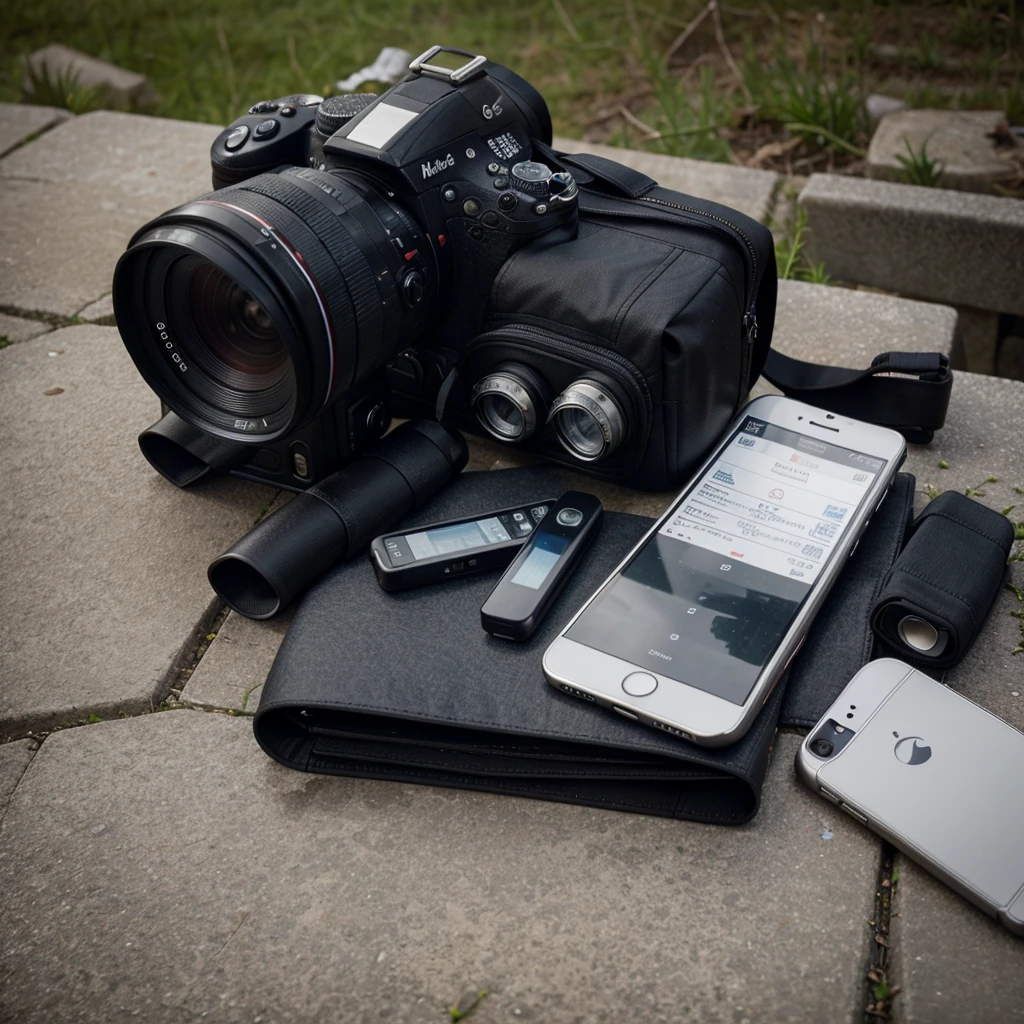 Professional cameras, notebooks and recorder, cell phones on journalists&#39; editorial desk