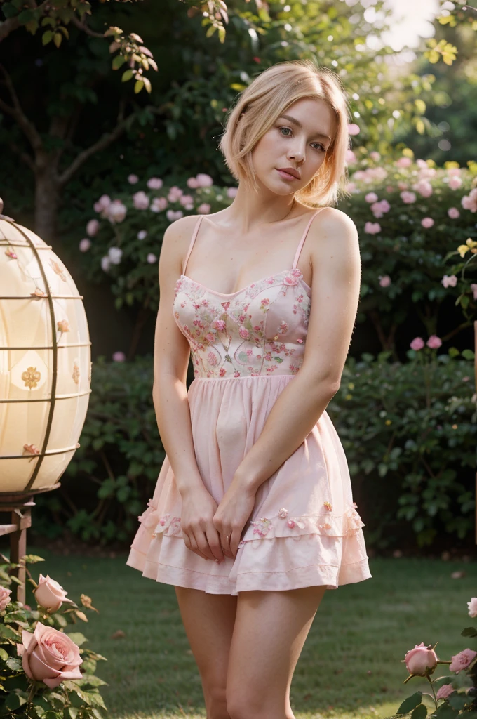 8 kilos, Raw image, Fujifilm, Stereotypical image of a beautiful young woman like Avril in a garden of light pink roses (Highly detailed skin: 1.2) Petal break style short hair, Blonde hair with colored highlights, She wears a dress, Film granulation, 35 mm, Cute Style