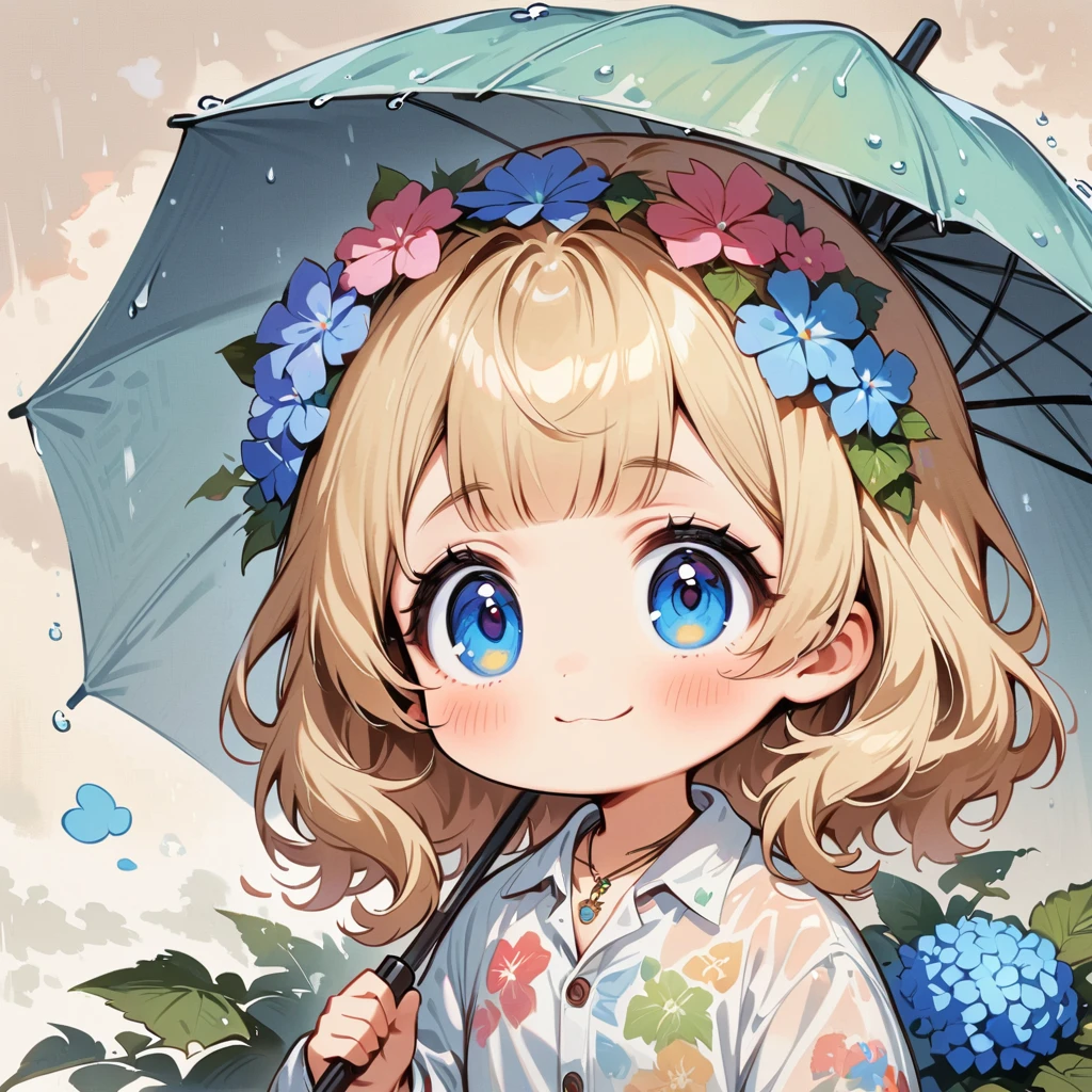 Umbrella or handheld、Blonde Short、male、When it rains, A rainbow appears。Hydrangea(masterpiece, Highest quality:1.2), Cartoon style character design, alone,Big eyes,Cute expression,,Floral Shirt,interesting,interesting
