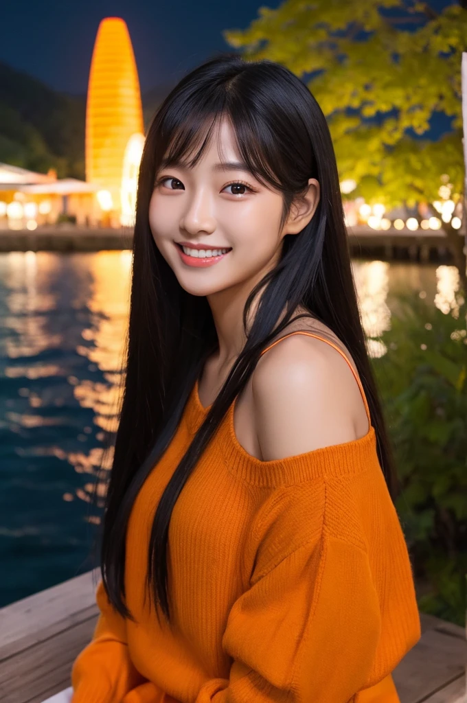 Korean Beauty，Tanned dark skin、smile、lake、Night Nature、Long black hair、mandarin orange