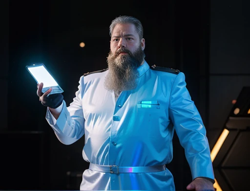 Full body photography Full body photography dynamic image, He is holding a hologram LED device, The general orders an immediate exploration of the planet, he has a large, thick white beard he has a general'with hat on head, wears a modern uniform, hand gestures for spectators, he is chubby and chubby, extremely thick thighs, Large belly, plumpness, 65 years old, he holds a mug of hot coffee , Ambience: inside a ship. Full body photography Full body photography different angles of the image.