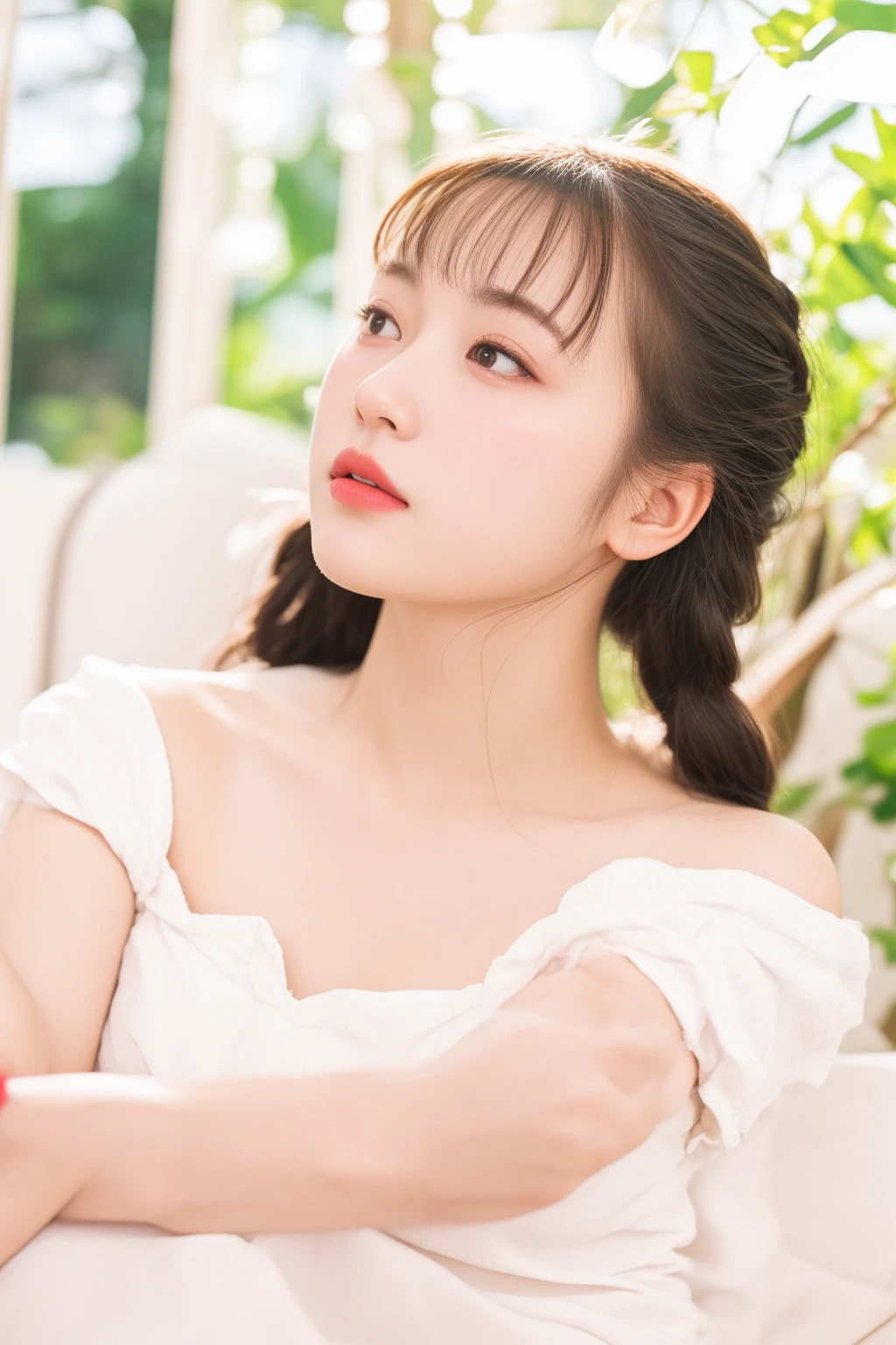 there is a woman sitting on a couch with a remote control, Chiho, Yoshitomo Nara, captured on canon eos r 6, soft portrait shot 8 k, taken with canon eos 5 d mark iv, shikamimi, young cute wan asian face, girl cute-fine-face, dilraba dilmurat