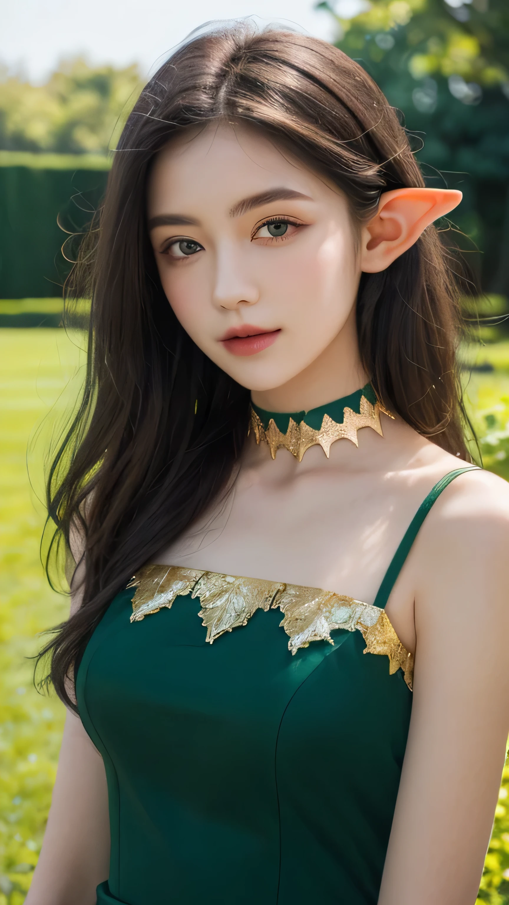 ((best quality)), ((masterpiece)), (detailed), perfect face, elf, black hair, long hair, gold eyes, dress, garden, happy, sunny, green grass, lawn, lace choker, romantic, soft smile, looking at viewer, portrait, ribbons