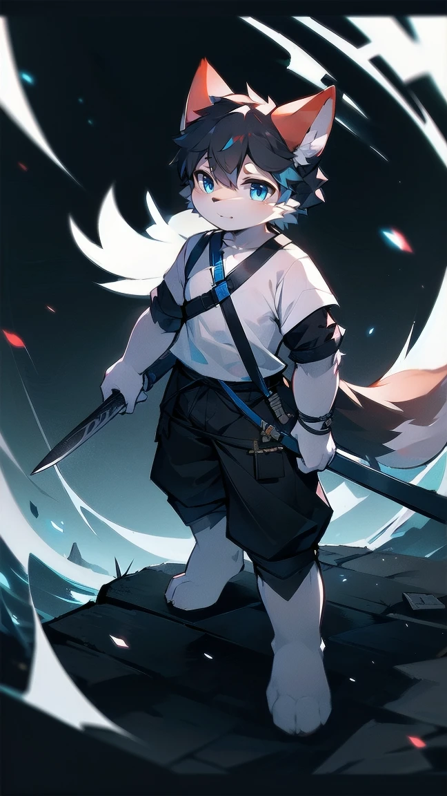White Wolf,black hair,Sky blue eyes,hairy,Wolf ears,Wolf tail,Full body portrait,The character is in the center of the frame,Handsome,Confident eyes,male,juvenile,Black and white combat uniform,Red neck bib,Black shorts,Short sleeve,hairy arms and legs,Dark background,Dark battlefield,dawn,sunrise,dawn,illumination,shadow,Swordsman,Scabbard and sword,Hold the hilt of a sword in your hand,The scabbard is at the waist,Highest quality
