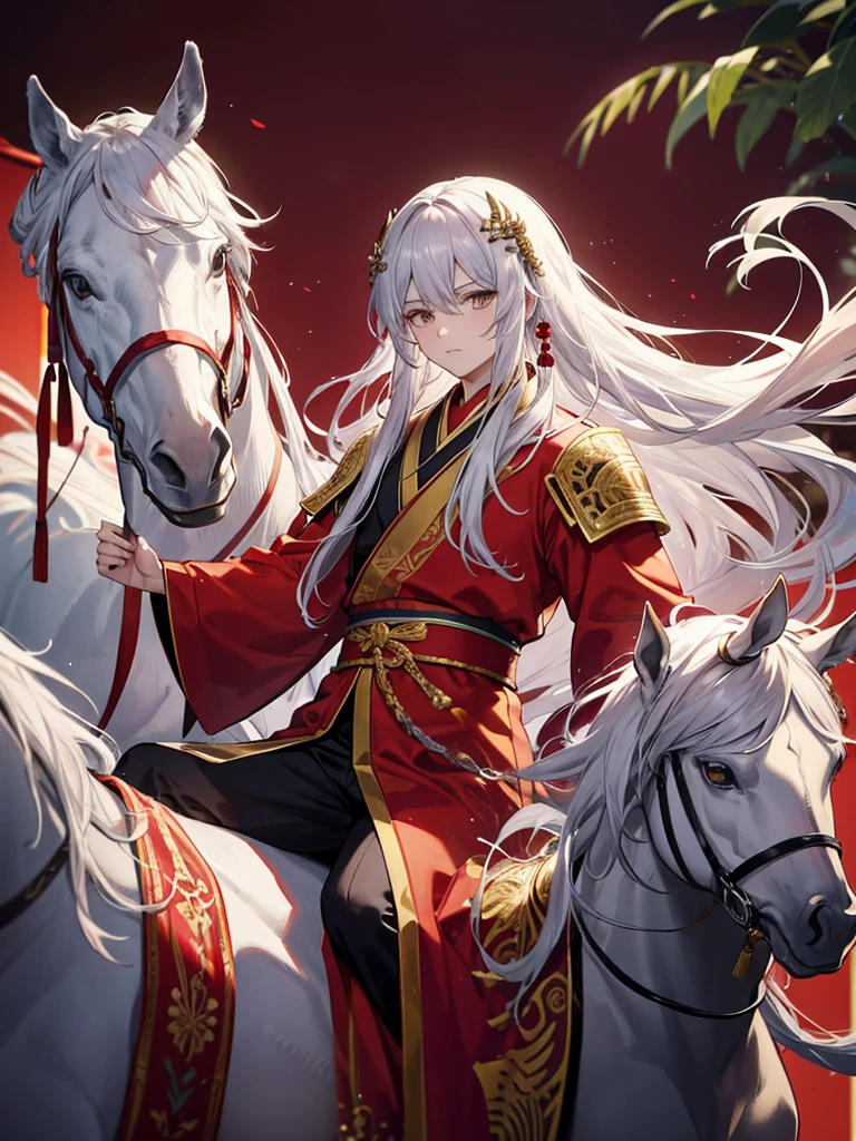 silver hair,golden eyes,Ancient hair accessories,long hair,Red Hanfu armor,red clothes,Hanfu,handsome man,riding a horse,youth