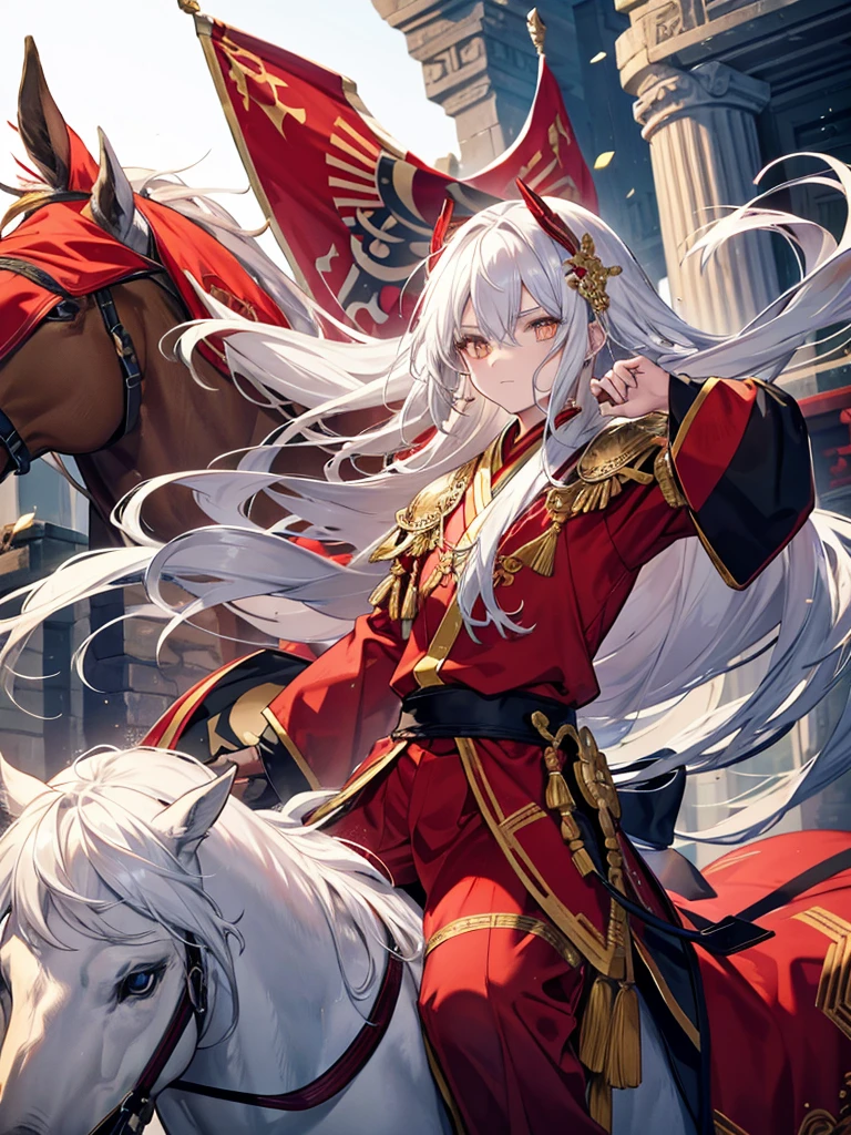 silver hair,golden eyes,Ancient hair accessories,long hair,Red Hanfu armor,red clothes,Hanfu,handsome man,riding a horse,youth