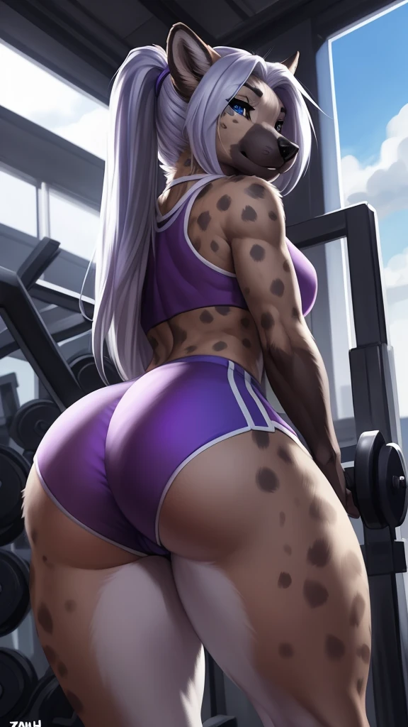 (anthro)) hyena, Ross Tran, by ruan jia, by zaush, by foxovh Best Quality, masutepiece,, Illustration, Wallpaper,1girl in, Solo, Bright purple-silver hair, Semi-long hair, Beautiful detailed girl, extremely detailed eye and face, Beautiful detailed eyes, Shy, natural_Lighting, Glow,NSFW, Clean sky, Looking at Viewer, gym, Straight hair, Purple petals, Ponytail, Blue Ribbon,White hair, Thick_thighs thighs thighs thighs, big ass, wearing tight gym booty shorts, hold a big horse dildo