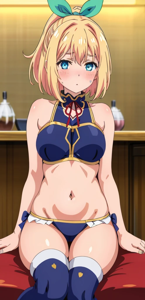 best quality, (masterpiece:1.2), detailed, medieval,
Rumia Tingel,
1girl, solo, ((blush)),
medium hair, blonde hair, short ponytail, blue eyes, green bow, x hair ornament,
((( blue eyes, ultra-detailed eyes))),
Dynamic pose, ((blush)), medium breasts,  medium hair,  background, perfect anatomy, healthy skin,  glowing eyes, cat ears. ((((sitting in a bar)))). ((((( navel, healthy skin))))).