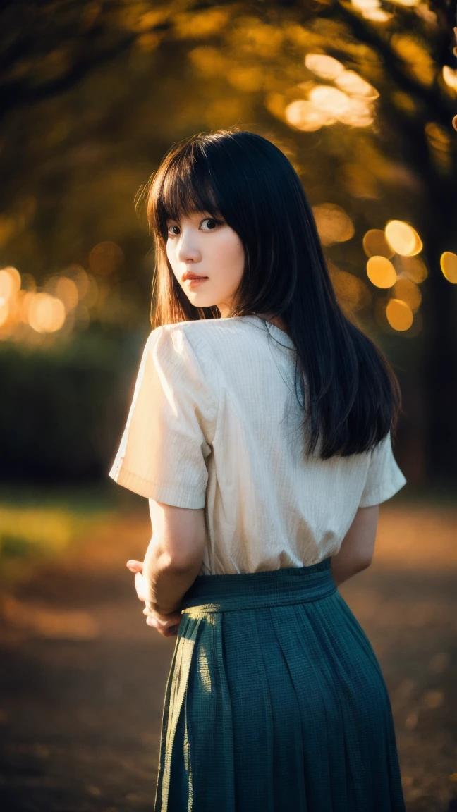  woman has her hands tied、((Hands behind back))、((Hands crossed at the waist))、(Her wrists are tied with a rope)、Beauty、２０talent、university student、Standing on a hill at night、There are a lot of trees、Beautiful night sky、There are many stars、A strong wind is blowing、Wearing a short-sleeved blouse、Wearing a longskirt、Uniform eyes、Well-proportioned、Medium build、Small Bust、(I can see from head to heel), black hair, bangs, swept bangs, straight hair, nervous, messy hair, floating hair, cinematic lighting, tachi-e, first-person view, pov, from behind, f/1.2, Nikon, Surrealism, UHD, best quality, highres, 8k, textured skin, anatomically correct,