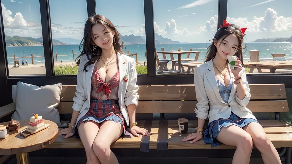 8K、RAW Photos、Highest quality、Super detailed、Super Resolution、Ultra HD、8K壁紙、Amazing details blazer uniform girl ((White blouse with formal collar, Blue Blazer,
Red Check Skirt, Red checkered ribbon on blouse)), Complete limbs, Full Finger,
(((((Starbucks)))))、((((Cafe bench with sea view))))((16 year old female student))、(((((Eat cake、Drink coffee、smile)))))、(((Heart Necklace、Gold bracelet)))
(((Emphasize cleavage)))
((((Full body photo、The whole body is visible、Full body portrait))))