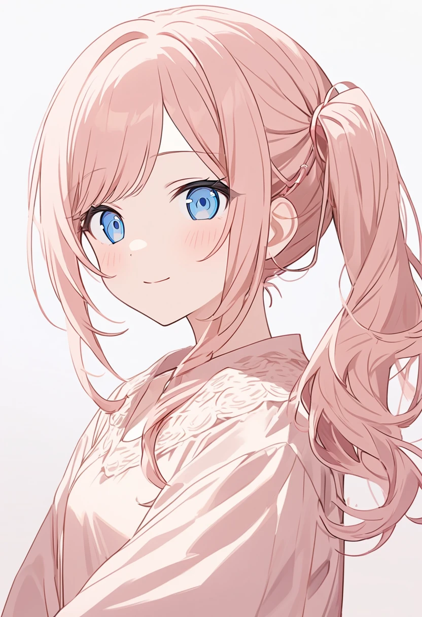 Generate an image of Honami Mochizuki from Project Sekai. She is a high student with long, straight hair in a milk tea pink beige color. Her hair is styled in a loose side ponytail positioned low on the right side of her head, with a slight curl. Her side hair is shorter and also slightly curled. She has straight-cut bangs (hime cut) that frame her forehead. Often, She has big, gentle blue eyes and a warm, friendly expression.front view