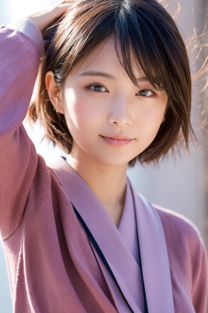 Close up of (((Masamisuno))),(in 8K, top-quality, masterpiece:1.3, A high resolution, A hyper-realistic), high detailing,Lighting the face, best light, japanes,japanaese girl, Photo of a cute Japanese woman, Small necklace, Thin Silver Necklace, simple background, wear pink suit, Casual pose, Short hair swaying in the wind