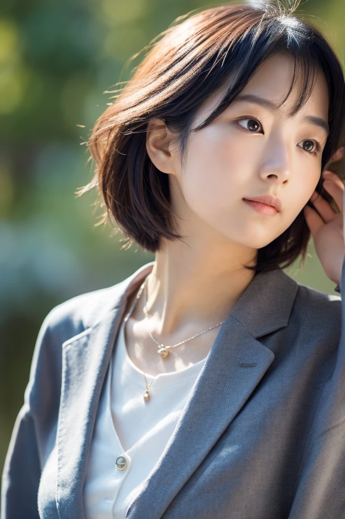 Close up of (((Masamisuno))),(in 8K, top-quality, ​masterpiece:1.3, A high resolution, A hyper-realistic), high detailing,Lighting the face, best light, japanes，japanaese girl, Photo of a cute Japanese woman, Small necklace, Thin Silver Necklace, simple background, wear pink suit, Casual pose, Short hair swaying in the wind