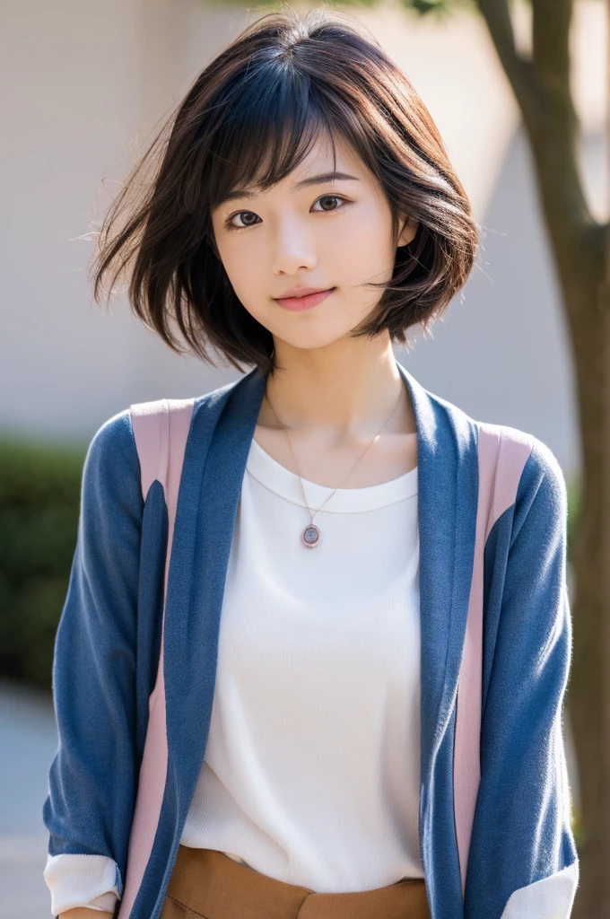 Close up of (((Masamisuno))),(in 8K, top-quality, masterpiece:1.3, A high resolution, A hyper-realistic), high detailing,Lighting the face, best light, japanes,japanaese girl, Photo of a cute Japanese woman, Small necklace, Thin Silver Necklace, simple background, wear pink suit, Casual pose, Short hair swaying in the wind