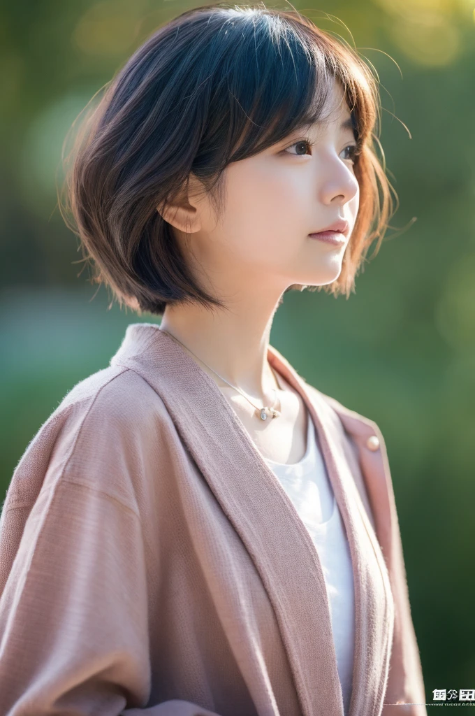 Close up of (((Masamisuno))),(in 8K, top-quality, ​masterpiece:1.3, A high resolution, A hyper-realistic), high detailing,Lighting the face, best light, japanes，japanaese girl, Photo of a cute Japanese woman, Small necklace, Thin Silver Necklace, simple background, wear pink suit, Casual pose, Short hair swaying in the wind
