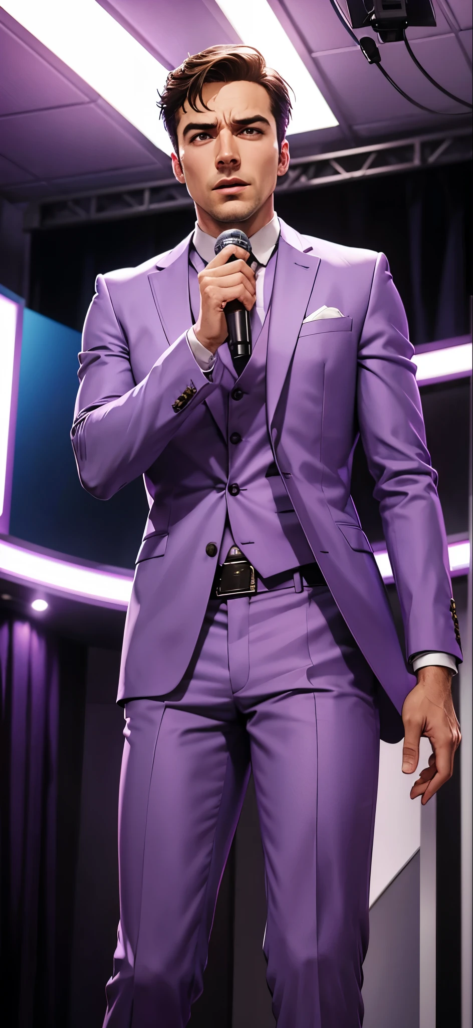 Create a comic book-style image of a man wearing a light purple suit, standing confidently at a podium and speaking into a microphone as if engaging in a debate or delivering a persuasive speech. 