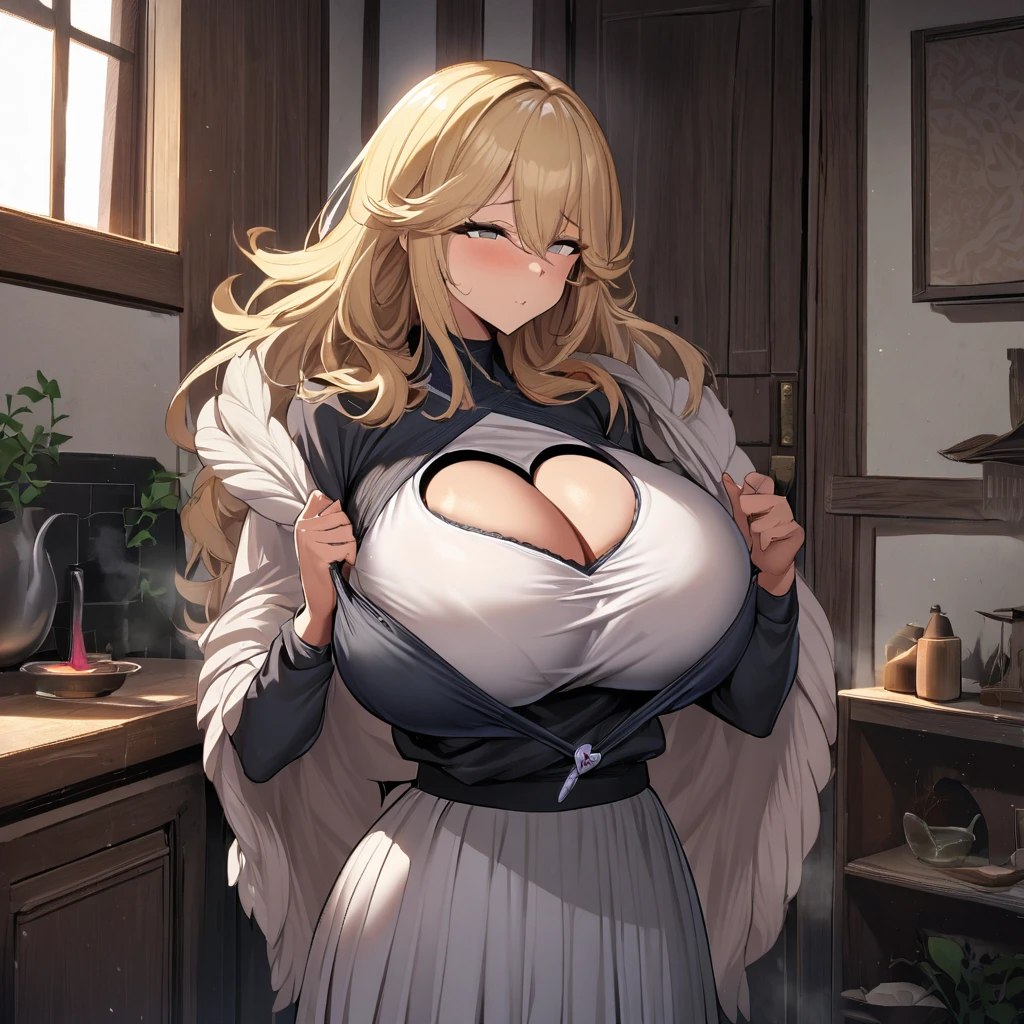 1girl,solo,Mature Women,blonde hair color,long hair,Her hair is tucked back,grey eyes,slanted eyes,double edged eyelid,super huge breasts,slender,black Knit long sleeves clothing that sticks to the body,Heart-shaped hole in clothing,feather shawl,sexual passion,near,standing up,She is holding a bra in her hand and showing it to us,There is a thin layer of steam coming out of the bra,house,in room