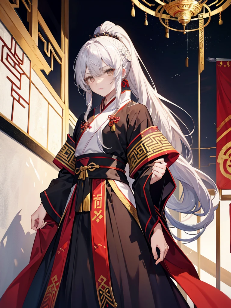 Silver hair,golden eyes,Ancient hair accessories,high ponytail,Gorgeous costumes,black clothes,General,Red armor,youth, man,ancient China,juvenile,dragon robe,Hanfu