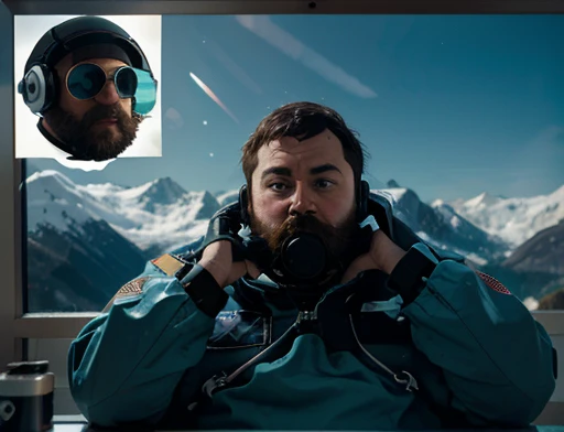 Bearded astronaut, plump, chubby, extremely thick thighs, large belly, fat, using a dummy for observation, He holds the binoculars with both hands close to His Face, icy mountains, snowy place, the Astronaut using binoculars to observe( frontal image) Holding a pair of binoculars. dynamic photography.